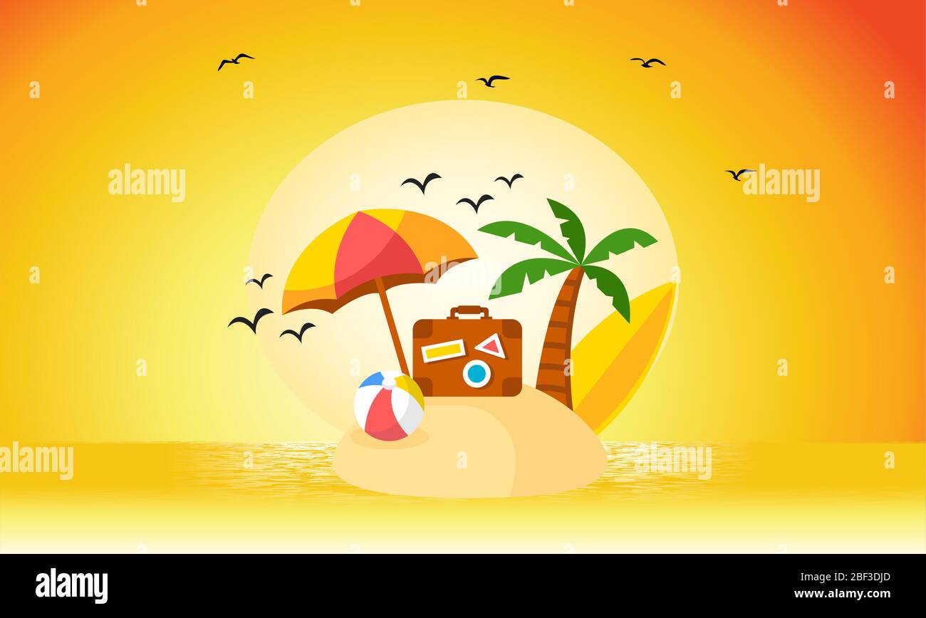beach and sand view during sunset with birds Stock Vector