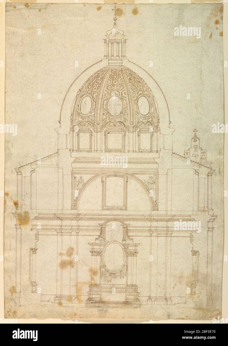 Cross section of church of S Tommaso da Villanova. Cross section of a church with a cupola, S. Tommaso da Villanova at Castelgandolfo. The altar with the frame of an oval painting supported by angels. Above the entablature the star and mountains, charges of the coat of arms of Pope Alexander VII. Stock Photo