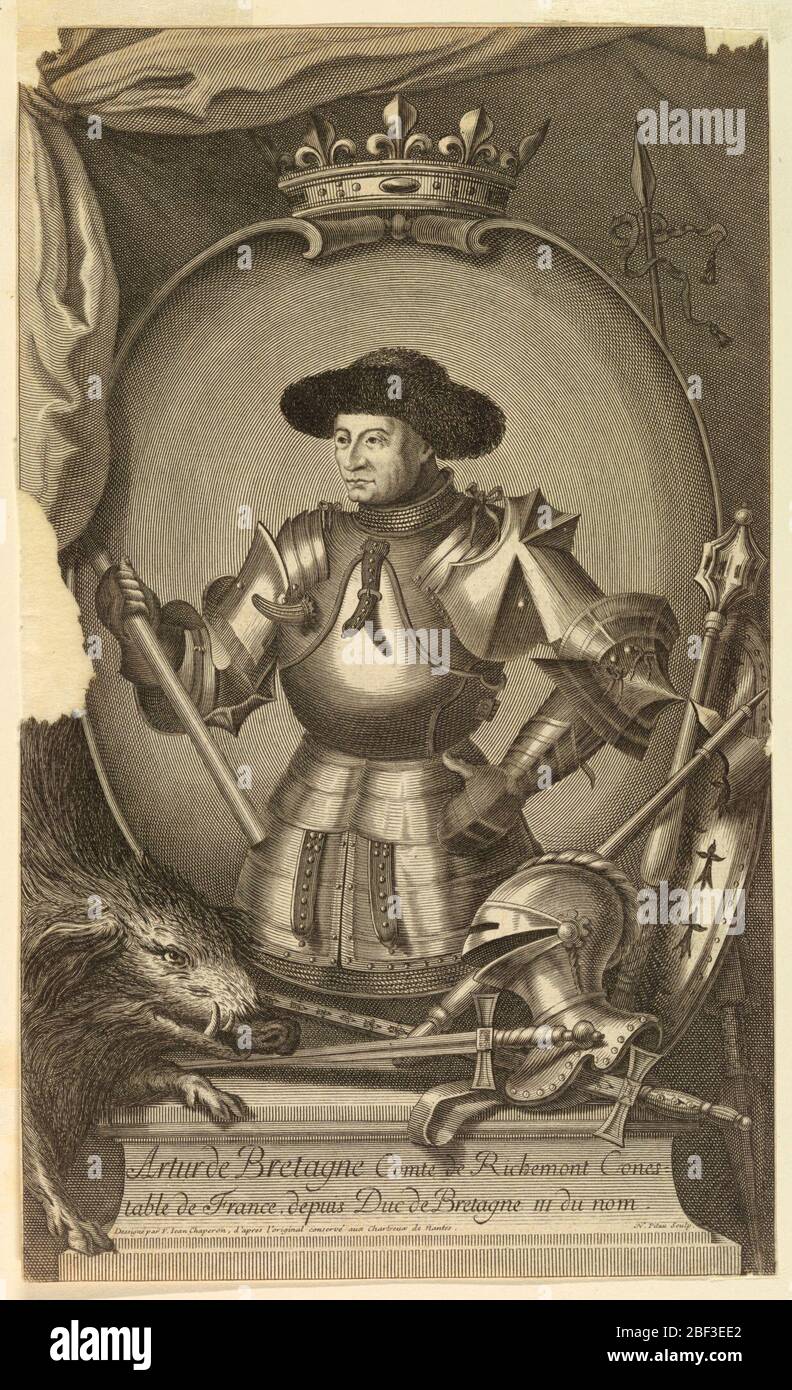 Portrait of Arthur 3rd Duke of Bretagne 13931458. Knee-length portrait in three-quarter view to left. The Duke is dressed in heavy armor, except his head which is covered with a wide-trimmed fur hat. The portrait is in an oval frame which is surmounted by a crown and stands on a pedestal. Stock Photo