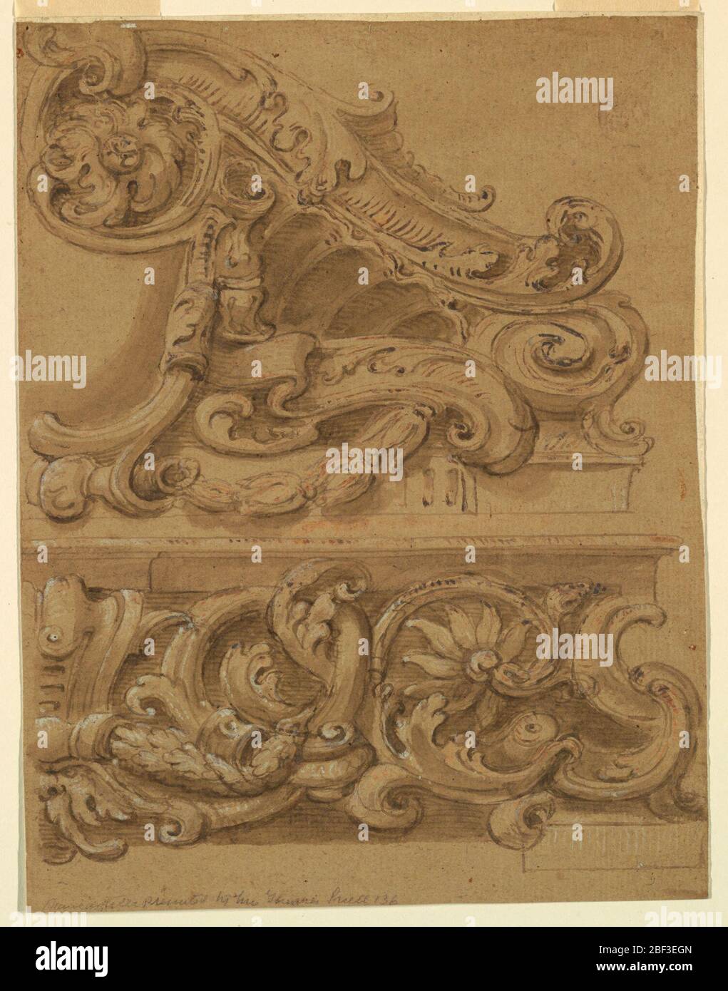 Project for Entablature and Pediment. Vertical rectangle showing escutcheon in a pediment beside a cornucopia. Stock Photo