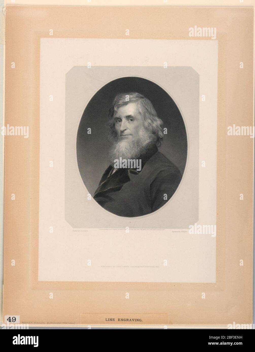 Portrait of Asher B Durand. Within an oval frame is a bust portrait of the painter, Asher Brown Durand (1796-1886), wearing a long, white beard and facing one quarter left. Below, artist's, engraver's and publisher's names. Stock Photo