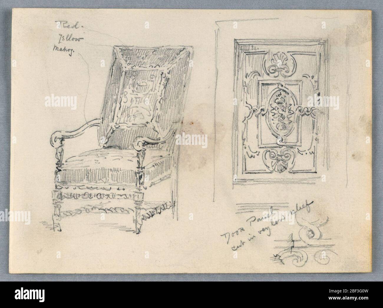 Sketch of Chair and Door. Chair, with decorative arm rest, legs, and upholstery, left. Right, decorative door panel and detail of low relief, lower right. Stock Photo