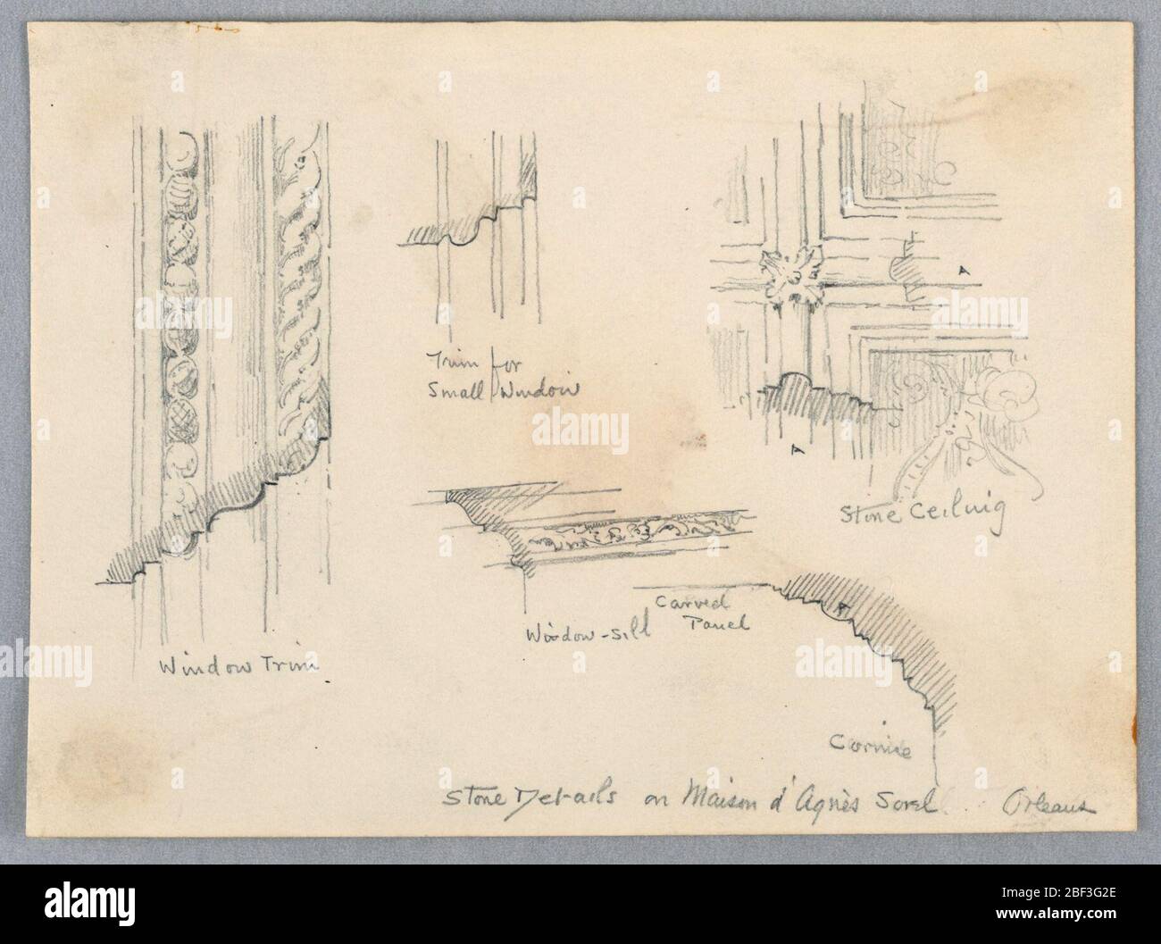 Sketches of Architectural Details from Agnes Sorels House Orans. Sketches of window details and ceiling mouldings, all labelled. Stock Photo