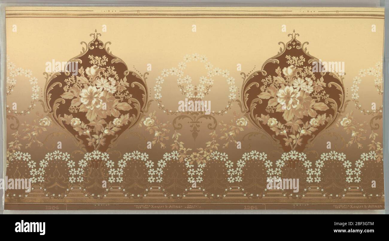 Frieze. Large foliate medallions containing floral bouquet, alternate with group of three floral wreaths. A band of floral wreaths runs along the bottom edge. Background shades from light tan at top to dark tan at bottom. Stock Photo