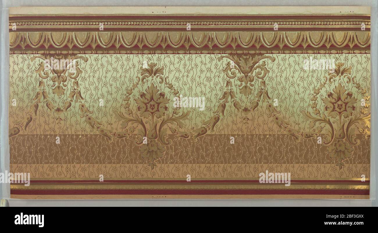Frieze. Alternating foliate medallions connected by floral swags. Bottom band of stripes and top band of stripes, beading, egg and dart, and bead and reel patterns. Stock Photo