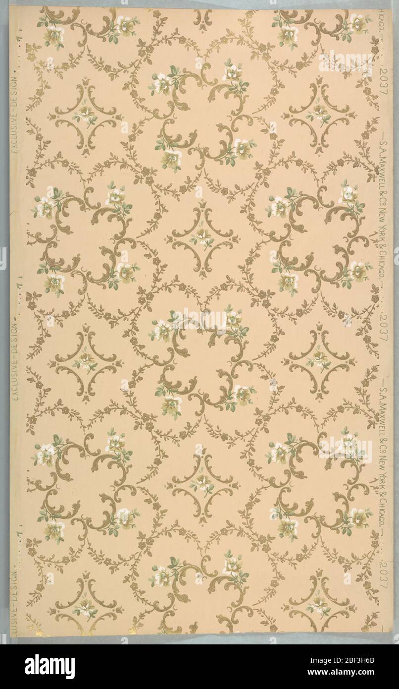 Ceiling paper. Quatrefoil motif composed of foliate scrolls and floral