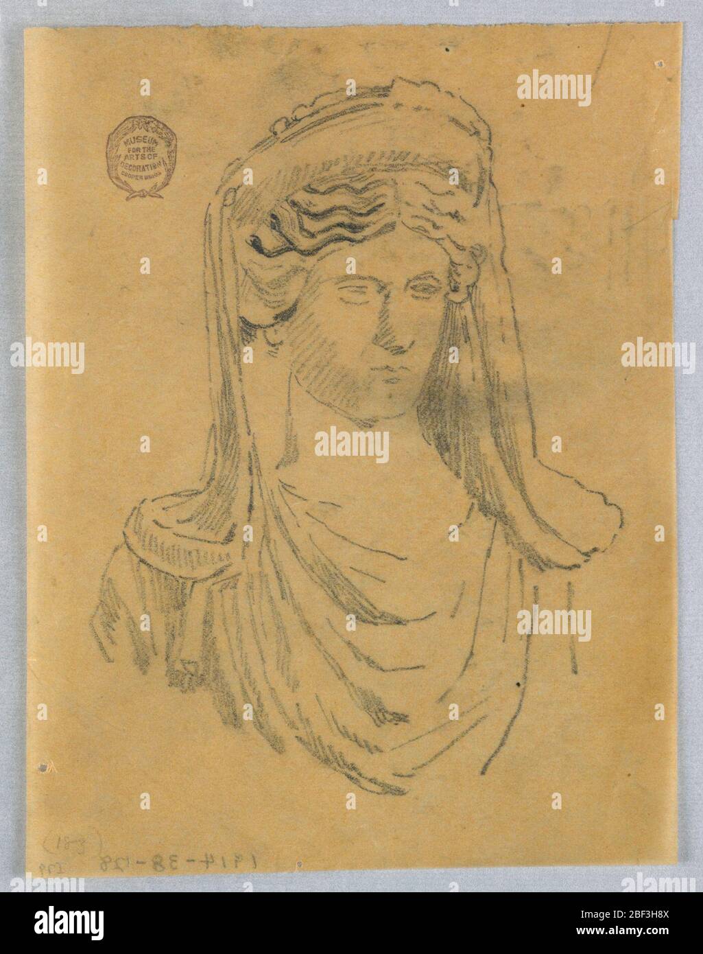 Sketch of Bust of a Woman. Bust of a woman in classical style. Hair parted  in the center, with headress and veil. Head turned slightly to the right  Stock Photo - Alamy