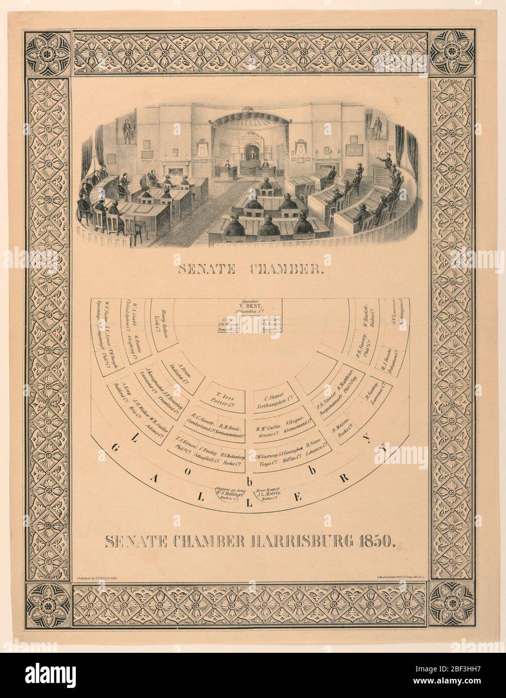 Senate Chamber Harrisbug Pennsylvannia. Vertical rectangle. Vignette of Senate Chamber interior, looking toward the Speaker's podium. Below: plan of the chamber, with names of members indicated. Caption: 'Senate Chamber Harrisburg 1850.' Enclosed in ornamental frame. Lower left: 'Pubished by S.T. Stock Photo