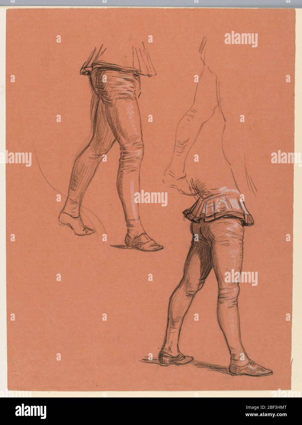 Study for Wedding Procession. Sketches of male figures, emphasizing the legs. Below, left: bust-length study of a man blowing a trumpet, facing right in profile. Stock Photo