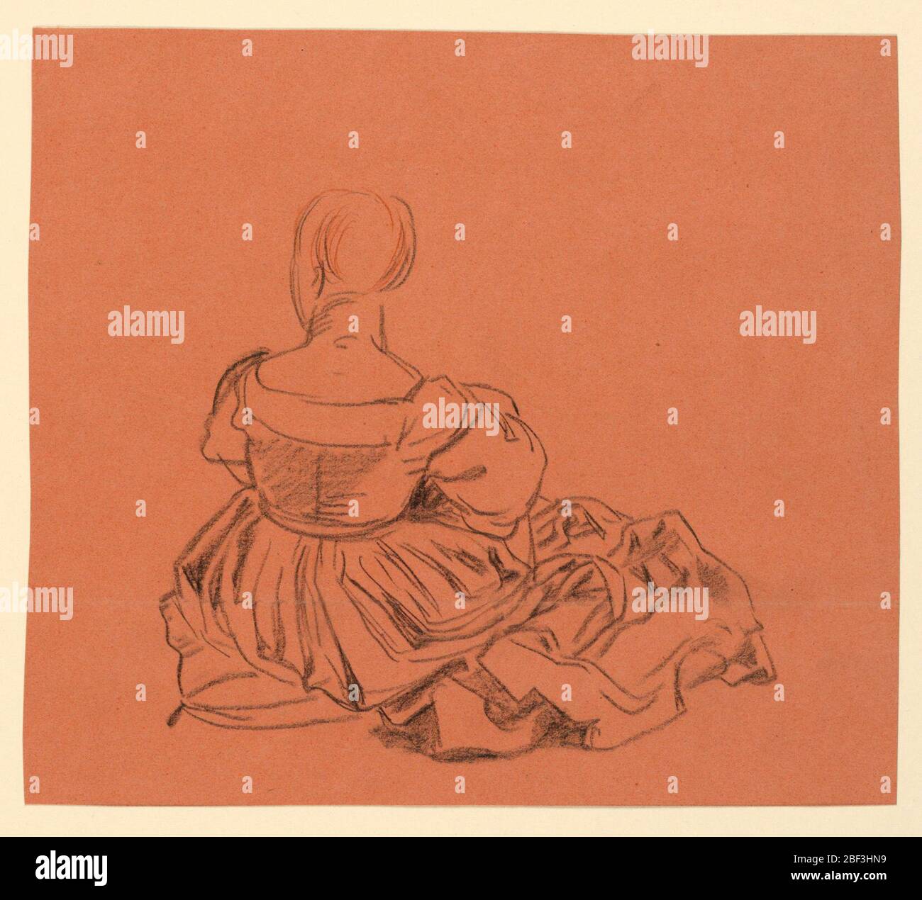 Study of a seated woman in costume. Horizontal rectangle. Seated figure of a woman in costume, seen from the back. Stock Photo