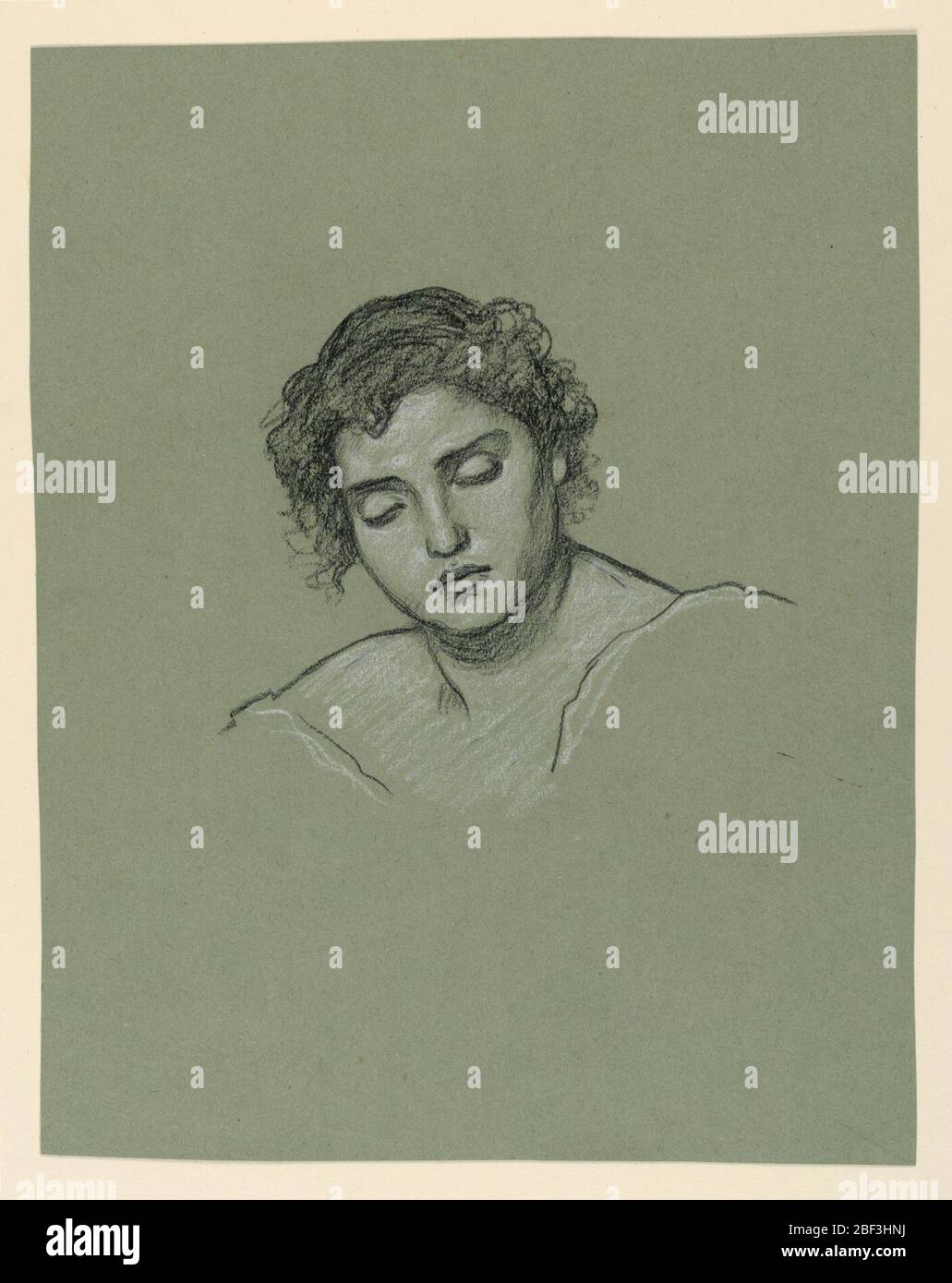 Study for woman. Head and shoulders of a young female figure. Her head is tilted slightly to the left, and her gaze is downward. Stock Photo