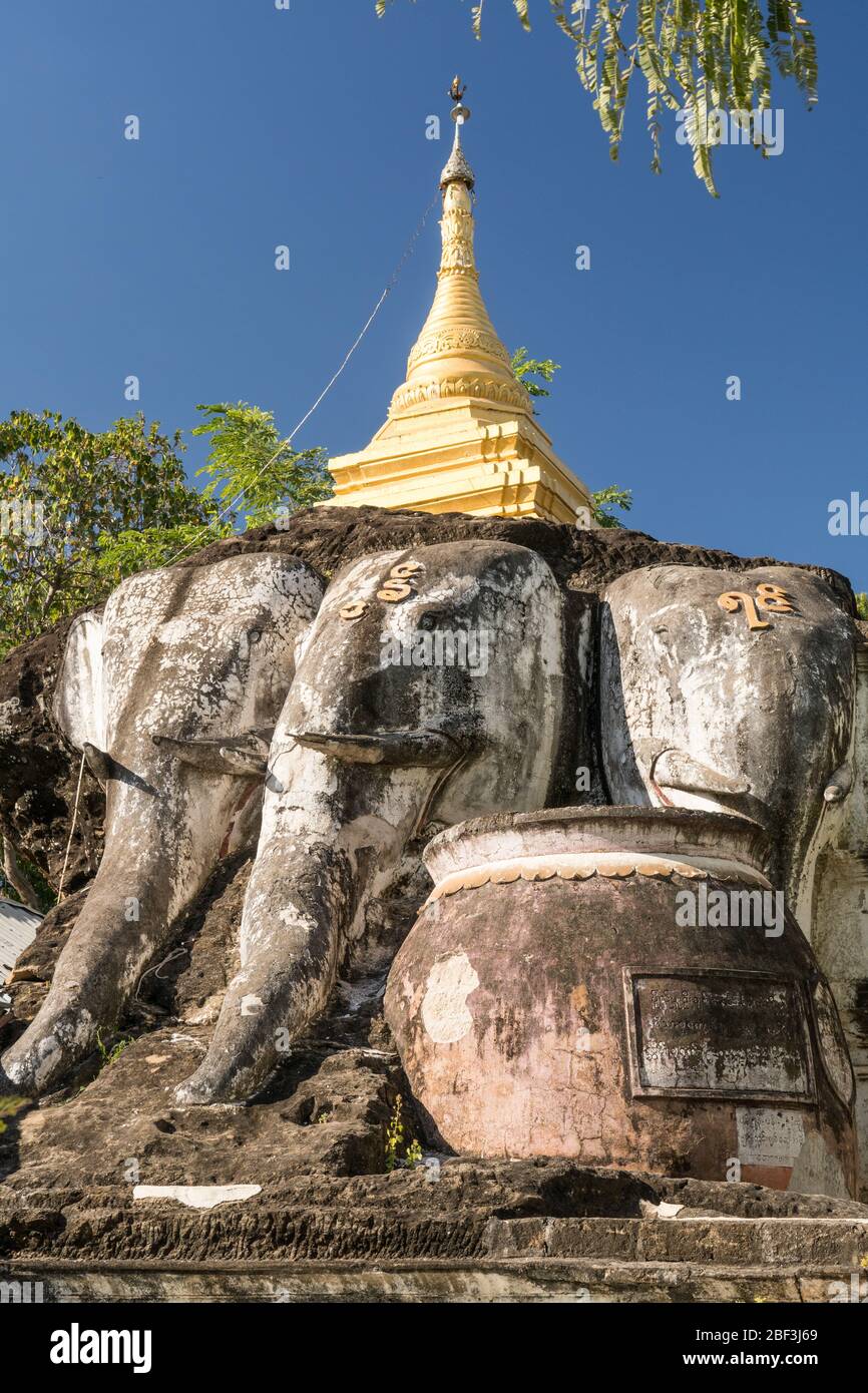 Shrine on top of the carved cliffside of Shwe Ba Taung, Monywa, Myanmar Stock Photo