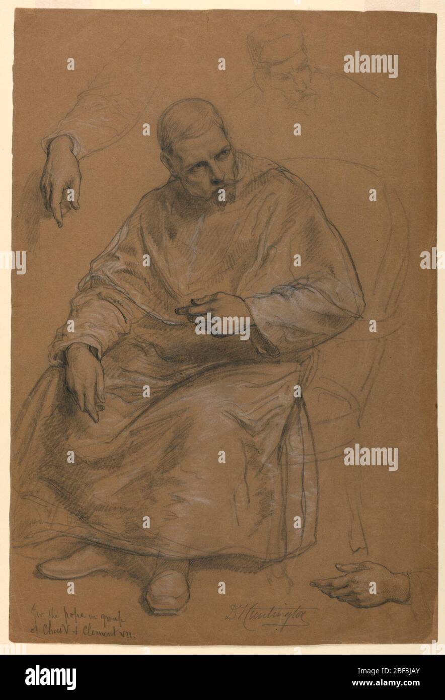 Study for Titian Showing the Entombment to Charles V and Pope Clement VII. Man with short beard and mustache, seated in a chair, head turned toward the right. Additional sketch of head, upper right. Additional studies of hands, lower right and upper left. Stock Photo