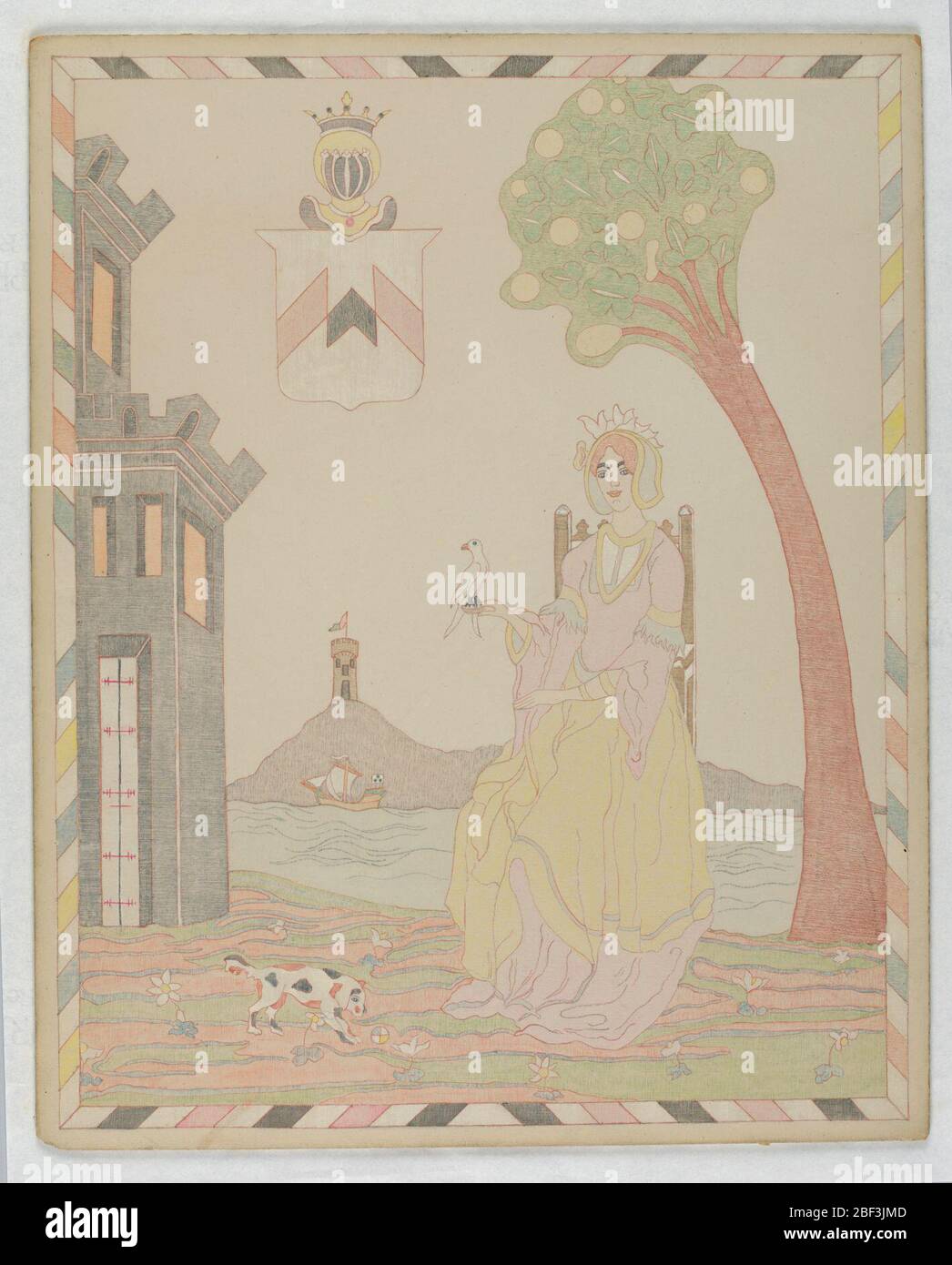 Woman Seated on Chair. Woman seated on a chair under a tree, right, with a bird on her hand; left, a dog, and a wall. Beyond, a lake with a boat, then a tower on a mountain. Shield and mask, upper left. Stock Photo
