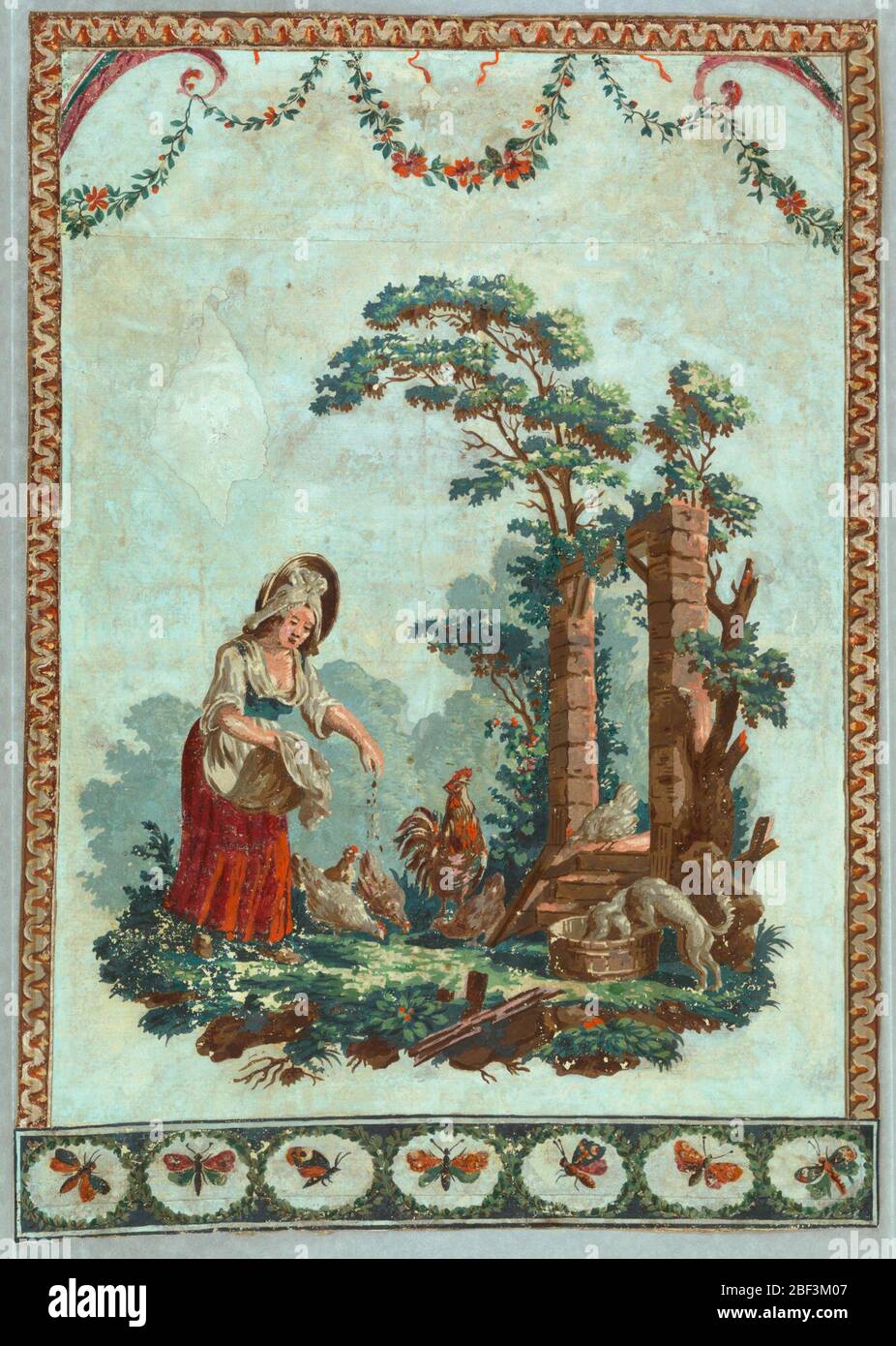 Sidewall and borders. Vertical rectangle. Woman in a red-skirted dress, feeding chickens. Across the bottom is a border of butterflies; across the top a border of festooned flowers and foliage; above this, and along the two sides, a border of simulated cyma reversa molding. Stock Photo
