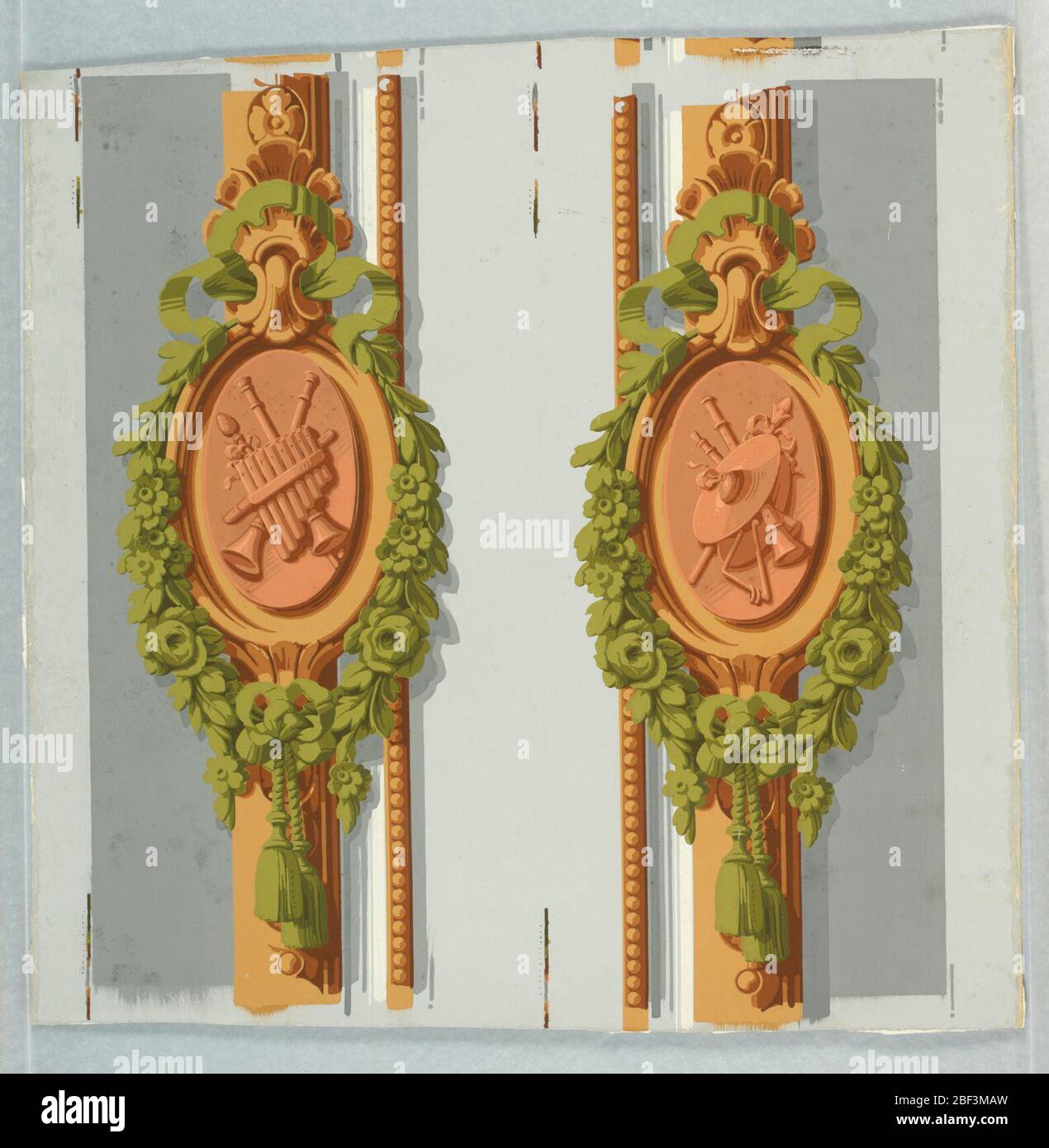 Louis XVI or Trianon. Two separate foliate medallions, each with tassel in green, containing motif of musical instruments in terra cotta, with beading along one side; on off-white ground. Stock Photo