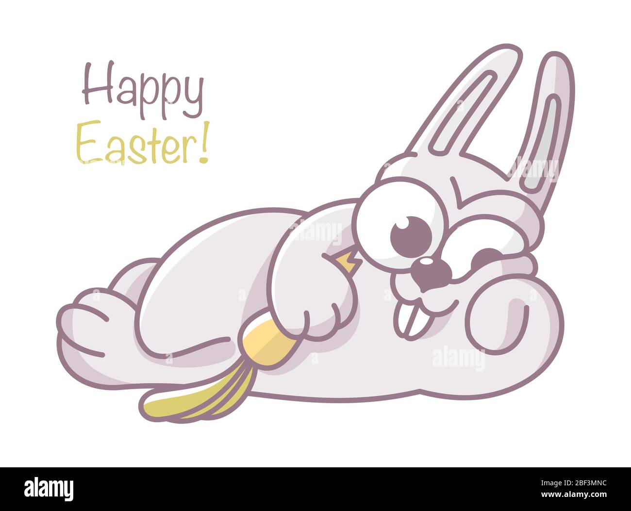 cartoon rabbit is lying and eating a carrot. Contour design of an easter bunny. Symbol for web sites on a white background Stock Vector