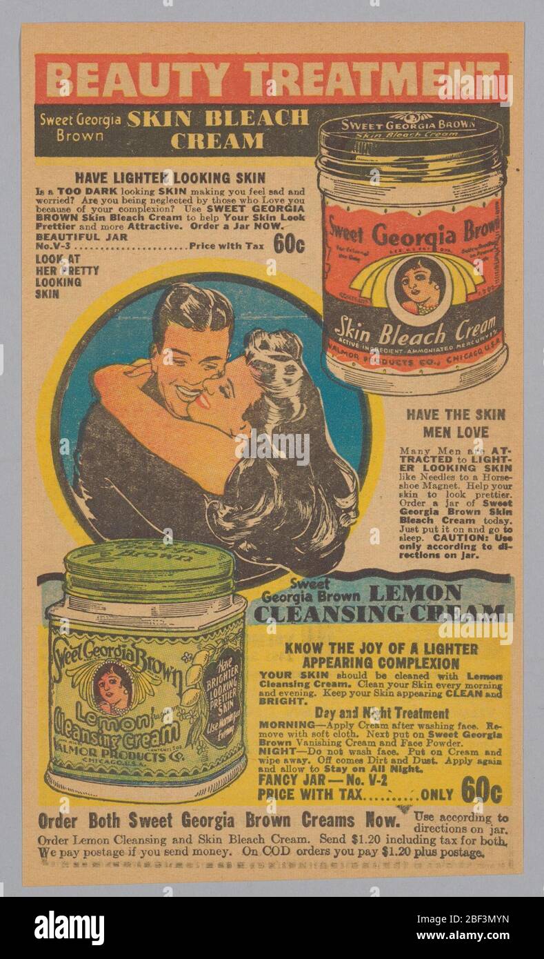 Advertisement for Sweet Georgia Brown skin bleaching creams. Color advertisment for Sweet George Brown skin lightening beauty treatments. The two advertised products are Skin Bleaching Cream and Lemon Cleansing Cream. The purpose of this advertisment was to act as a means for people to order these products. Stock Photo