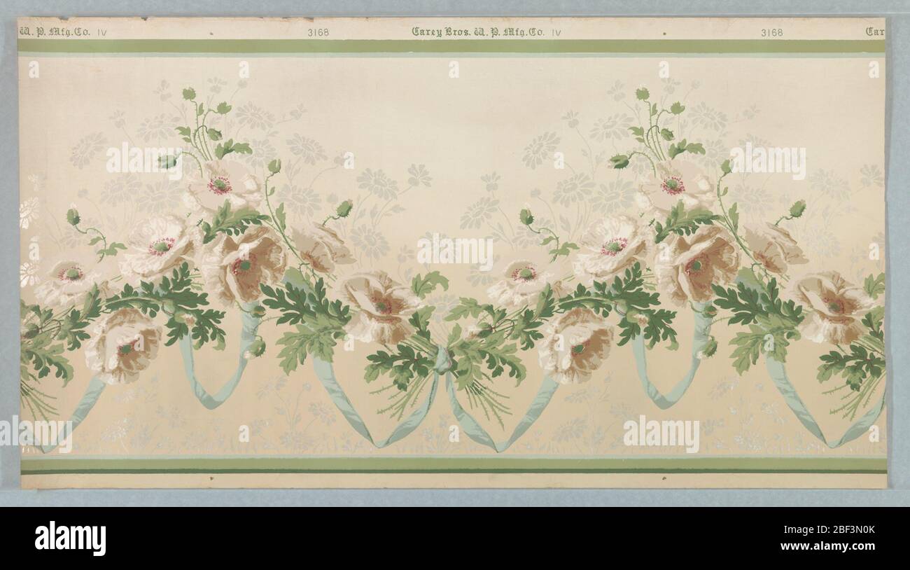 Frieze. On gray-white ground, group of white flowers with silhouette of white flowers and green vines and leaves connected by light blue ribbon; upper and lower borders in green. Stock Photo