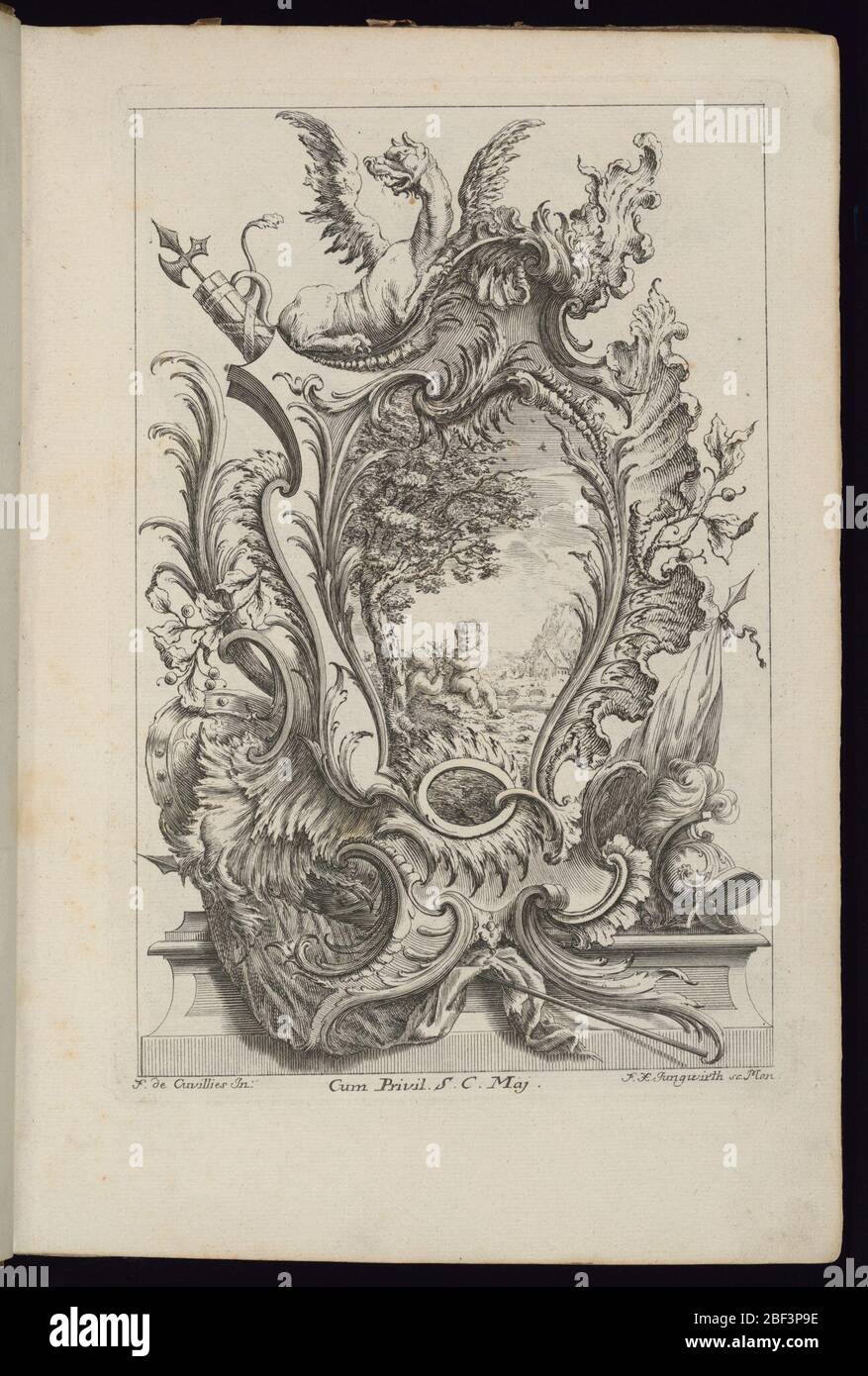 Cartouche with a Dragon and Armorial Trophy Livre de Cartouches divers usages Book of Cartouches for Different Uses. Cartouche framed with a winged dragon and battle weapons (including spear, helmet, ax, shield). Within cartouche, a figural scene in Rococo style depicting two putti in a field below a tree--a town or village in background. Stock Photo