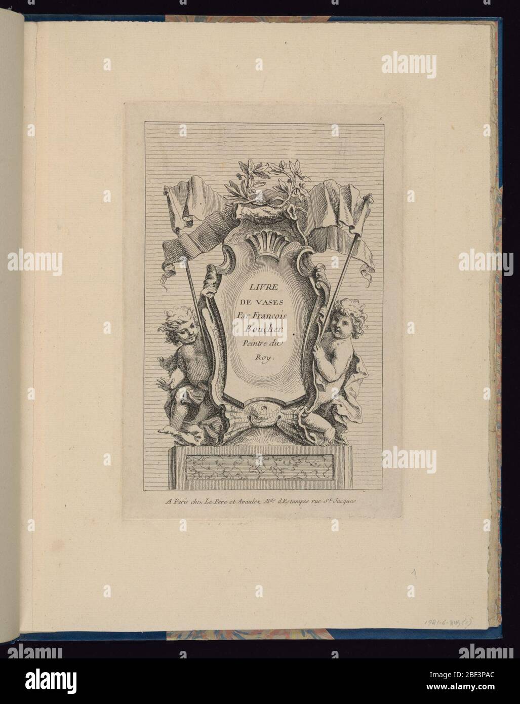 Plate 1 Title Plate Livre de vases Book of Vases. At center, a cartouche surrounded by putti at left and right, each holding the support of a banner at top. Above the escutcheon, a crown of laurel leaves. Stock Photo