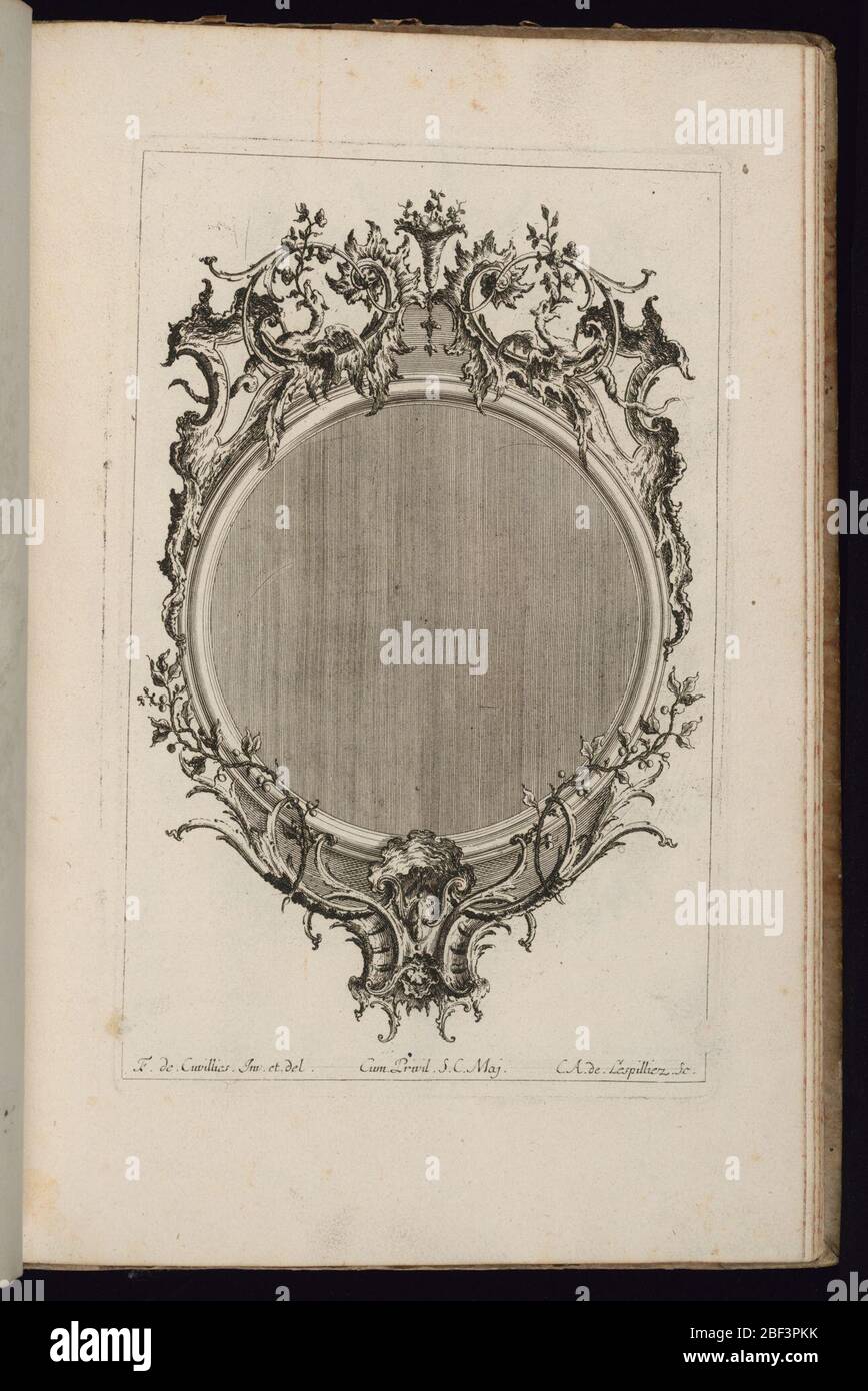 Frame with Dragons Troisime Livre de Cadres Third Book of Frames. Upright frame design for a mirror or painting, circular form, topped with two dragons surrounded by scrollwork. Vegetal decoration complete the ornamental scheme. Stock Photo