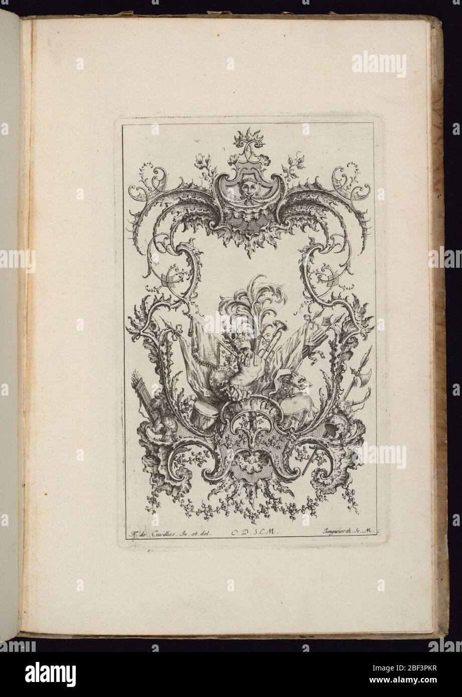 Cartouche with Armorial Trophy Livre dornements Book of Ornaments. Design for upright symmetrical cartouche, topped with a mask and surrounded by ornamental scrollwork. Within the frame, an elaborate armorial trophy featuring a suit of armor, drums, trumpet, a shield, and banners. Stock Photo