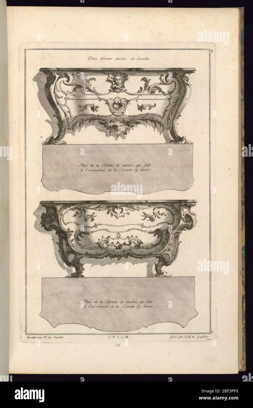Deux diffrents desseins de Comodes Designs for Two Commodes in Livre de Diferents Dessein de Comodes Book of Designs for Commodes. Two drawings for commodes. The top drawing depicts the cabinet as having an angelic mask in the center, at the top, surrounded by curving, vine-like designs. On the upper corner of the first commode, there is a grotesque, diabolic head. Stock Photo