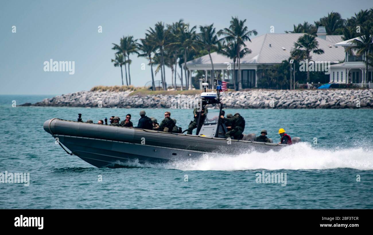 KEY WEST, Fla. (April 14, 2020) Sailors assigned to the visit, board, search and seizure team of the Freedom-class littoral combat ship USS Detroit (LCS 7) conduct rigid-hull inflatable boat operations while in port at Key West, Fla. Detroit is deployed to the U.S. Southern Command area of responsibility to support Joint Interagency Task Force South's mission, which includes counter illicit drug trafficking in the Caribbean and Eastern Pacific. (U.S. Navy photo by Mass Communication Specialist 2nd Class Anderson W. Branch/Released) Stock Photo