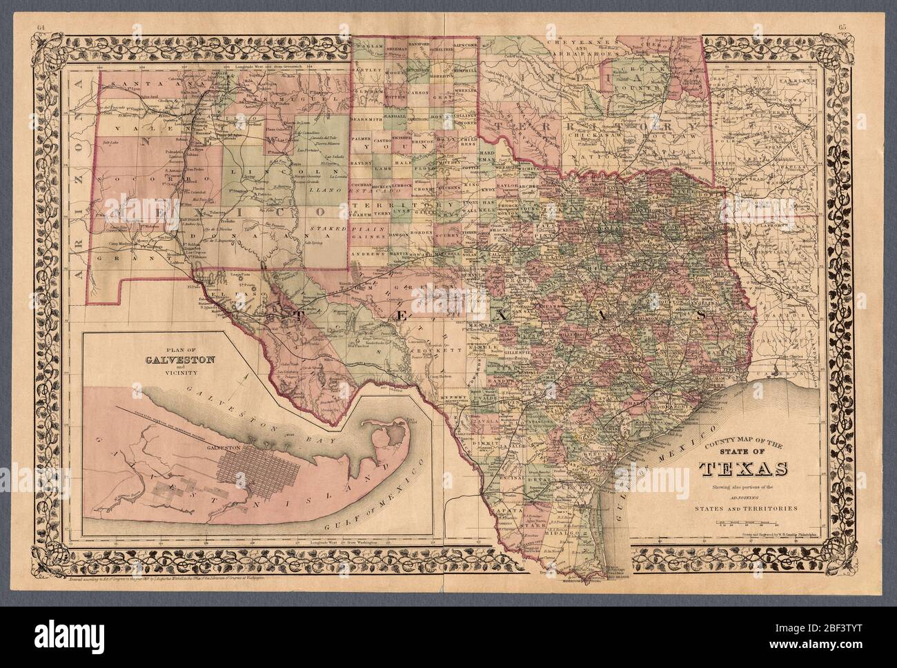 Texas Counties and adjoining areas, 1881 map, a digitally restored historic map. Stock Photo