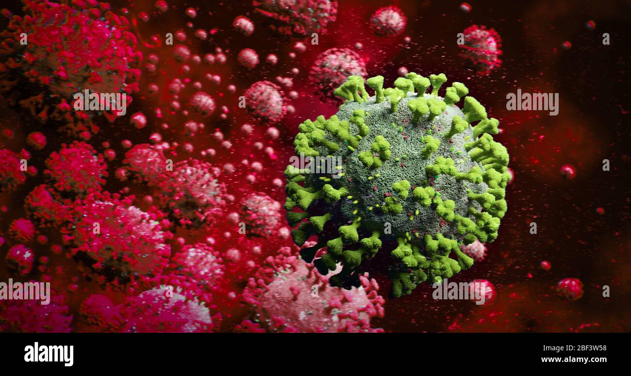 Microscopic Green COVID-19 Coronavirus Molecule with Many Blood Red Contrast Molecules - nCOV Influenza Virus Pandemic Outbreak 3D Rendering Stock Photo