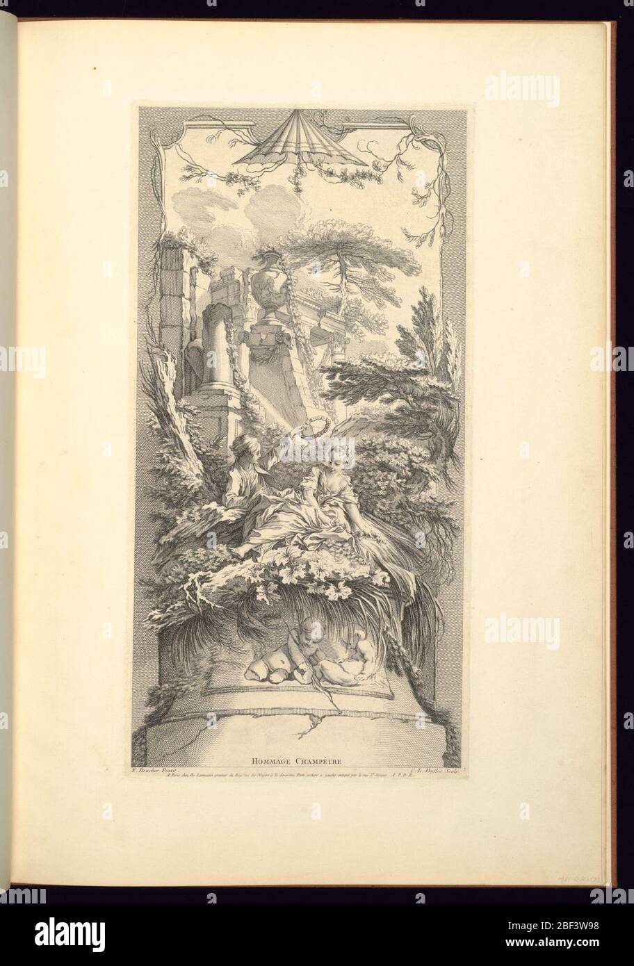 Hommage Champtre Pastorale from Nouveaux morceaux pour des Paravants New Designs for Screens. Vertical panel design with a pagoda motif, top center, an architectural ruin showing the capital of a column, an urn, a broken column, interspersed with garlands and leaves. Stock Photo