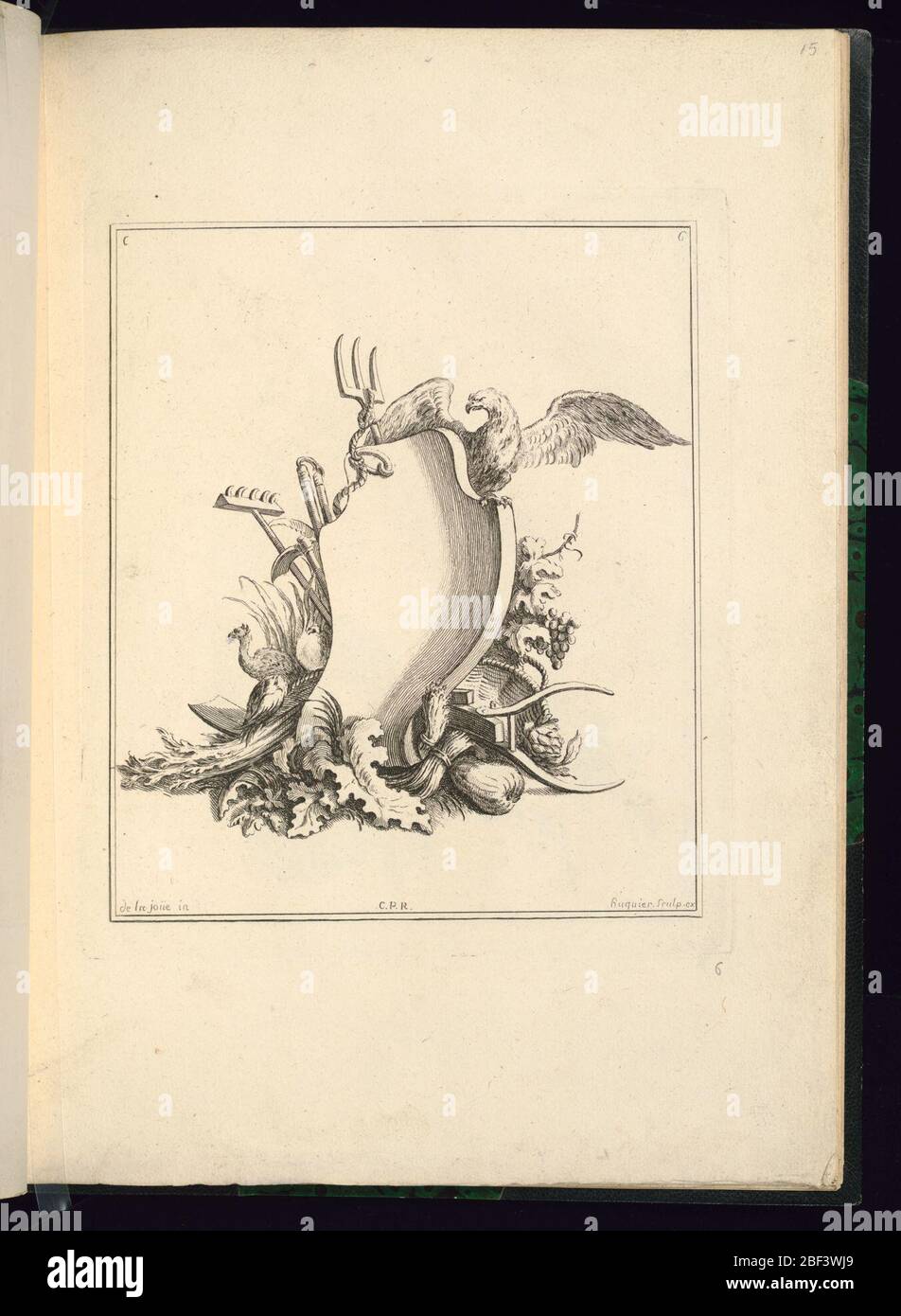 Design for a Cartouche Representing the Garden. Elongated asymmetrical cartouche decorated with tools of the garden: a rake, a hoe, a pitchfork, grapes, a shovel, gourds, sheaves of wheat, and leaves. A diabolical winged eagle surmounts the cartouche. Stock Photo