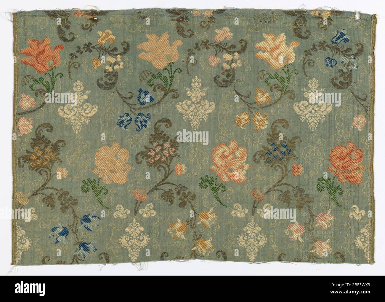 Textile. Straight repeat of curving floral forms in multiple colors and ...