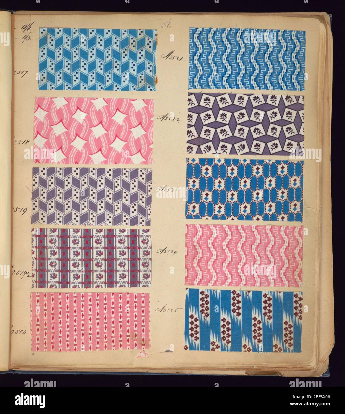 Sample book. Blue cloth bound volume of 574 numbered samples of printed cottons. Title page has three book plates. Book title: 'Cotton Prints Samples.' Largely small patterns of plaids, florals and stripes of many colors. Stock Photo