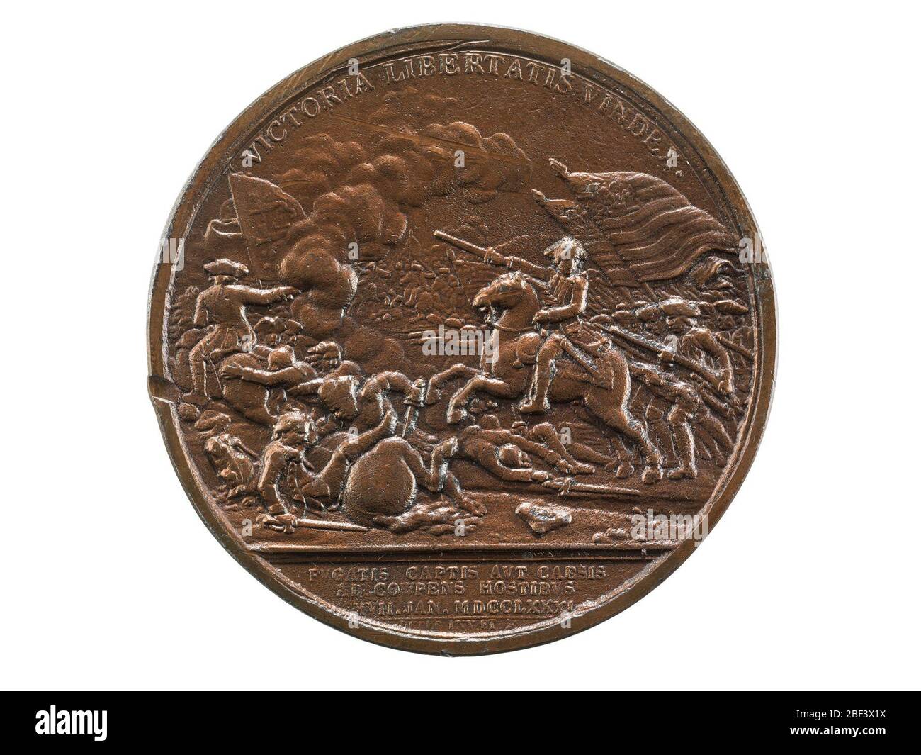 Daniel Morgan at the Cowpens United States 1781 Struck from 1839 Barr dies. One (1) Daniel Morgan at the Cowpens medal, (Comitia Americana)United States (France), 1781Obverse Image: Morgan leads an infantry change on horseback against a retreating British cavalry; another cavalry charge is visible in the background. Stock Photo