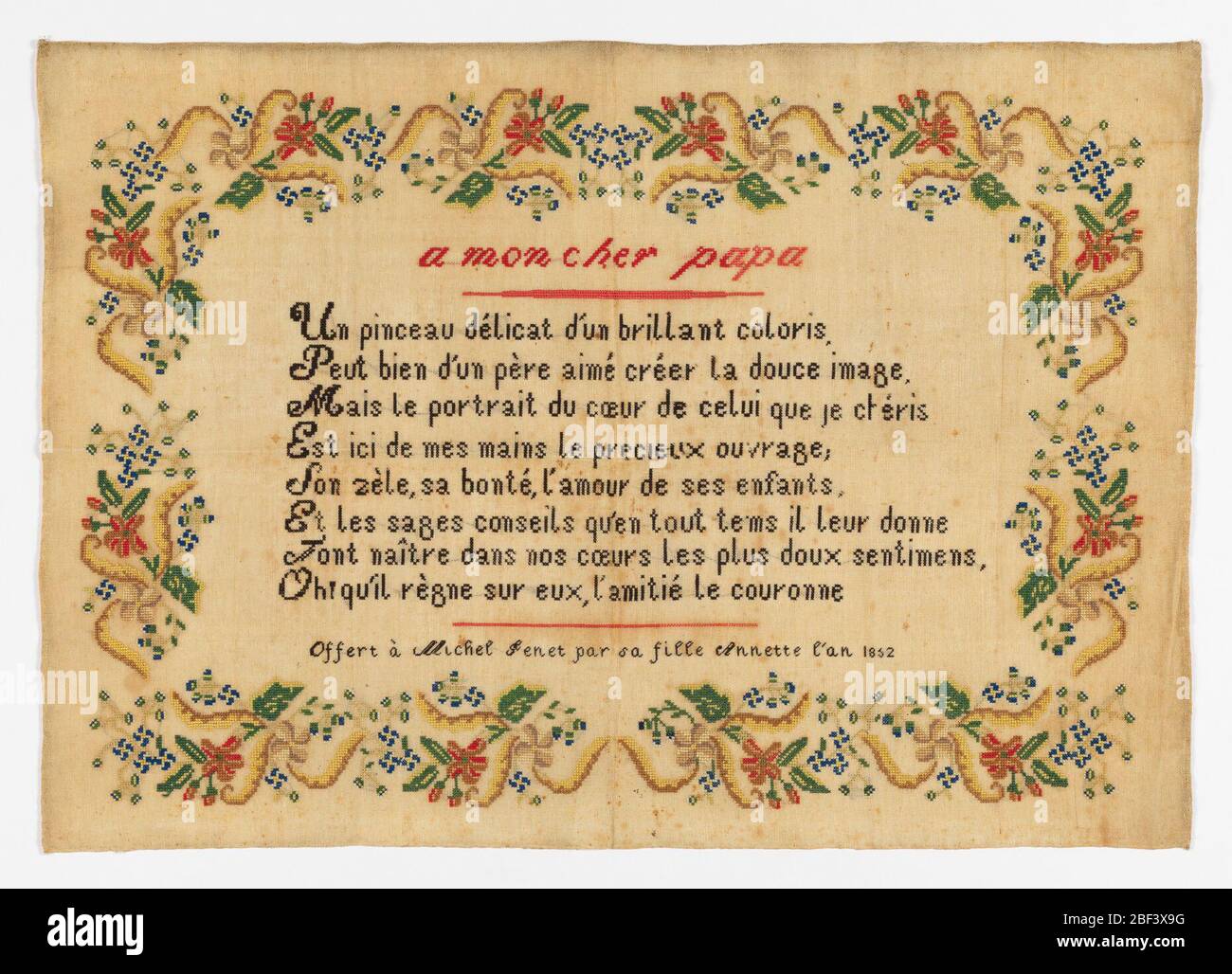 Sampler French Verse A Mon Cher Papa Michel Genet Surrounded By A Floral Border Of A Repeating Motif Stock Photo Alamy
