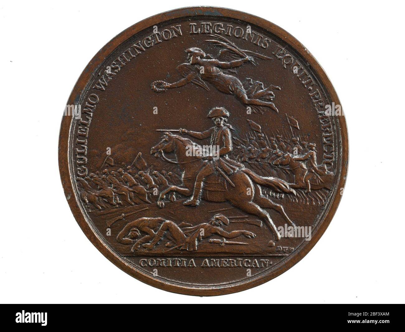William Washington at the Cowpens United States 1781. One (1) William Washington at the Cowpens medal, (Comitia Americana)United States (France), 1781Obverse Image: Washington sits on a horse with sword drawn, leading the 3rd Continental Light Dragoons who charge in the background against the British cavalry. Stock Photo