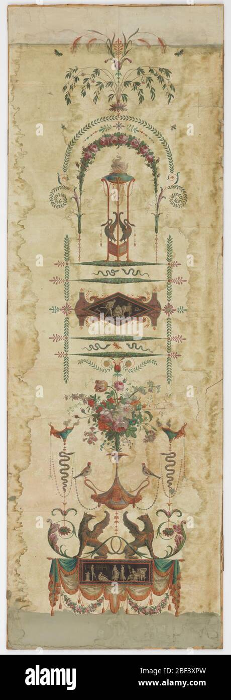 Sidewall. Vertical rectangle featuring an arabesque design. At bottom, two griffons on a base with drapery in pink greens and beige; beneath a vase of flowers with birds on the handles. Stock Photo