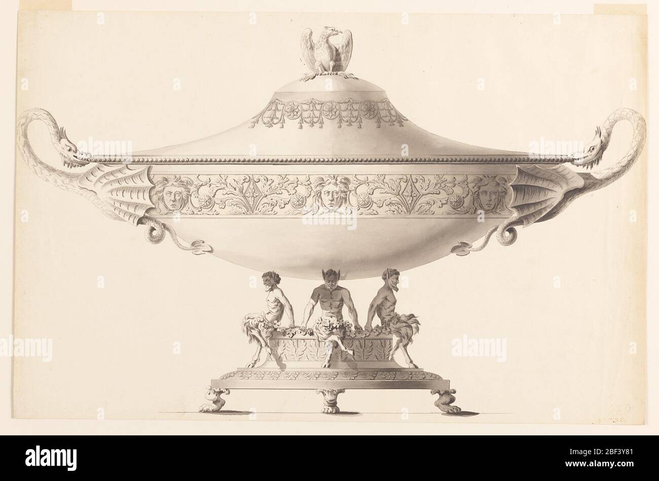Design for a Tureen. Three satyrs are shown seated upon a pedestal and supporting with their heads the ovoidal bowl which is decorated with a frieze in which Medusae alternate with an acanthus plant with a rosette in the center. Stock Photo
