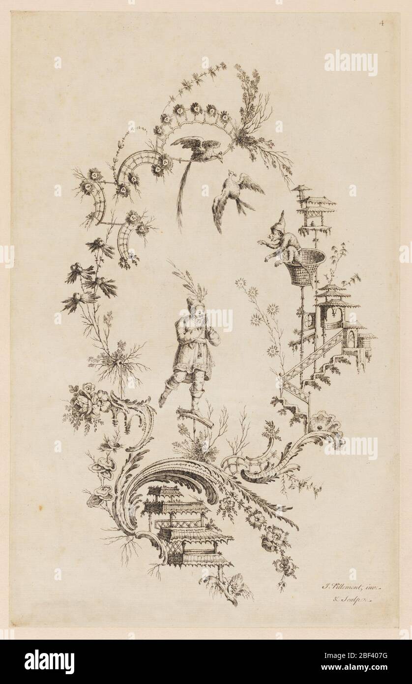 Plate 4 from A New Book of Chinese Ornaments. Chinoiserie eschutcheon with a figure with hands folded standing balanced on one foot. A monkey and two birds in the border. Stock Photo