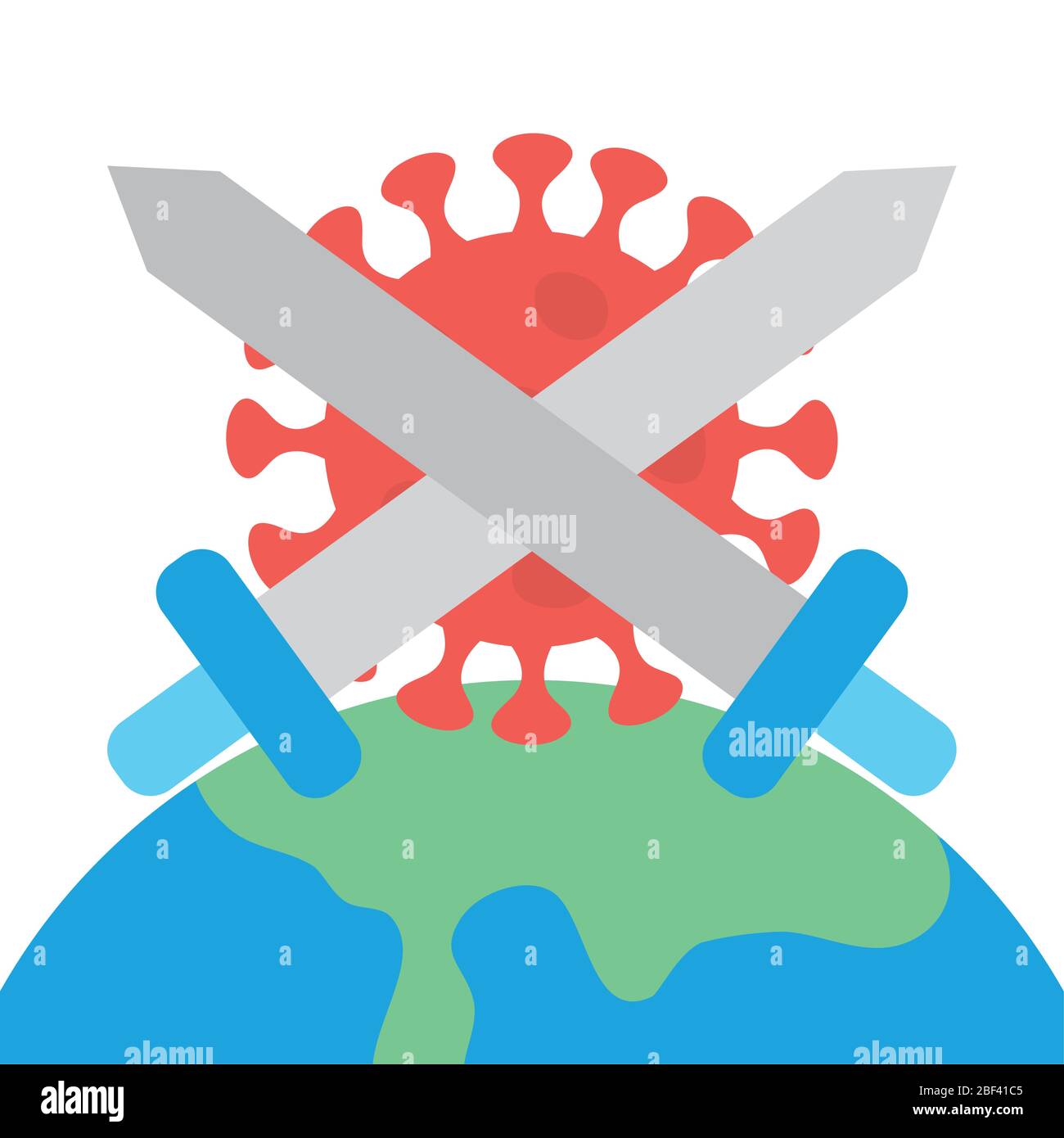 stop covid 19 concept, earth planet and coronavirus with crossed swords ...