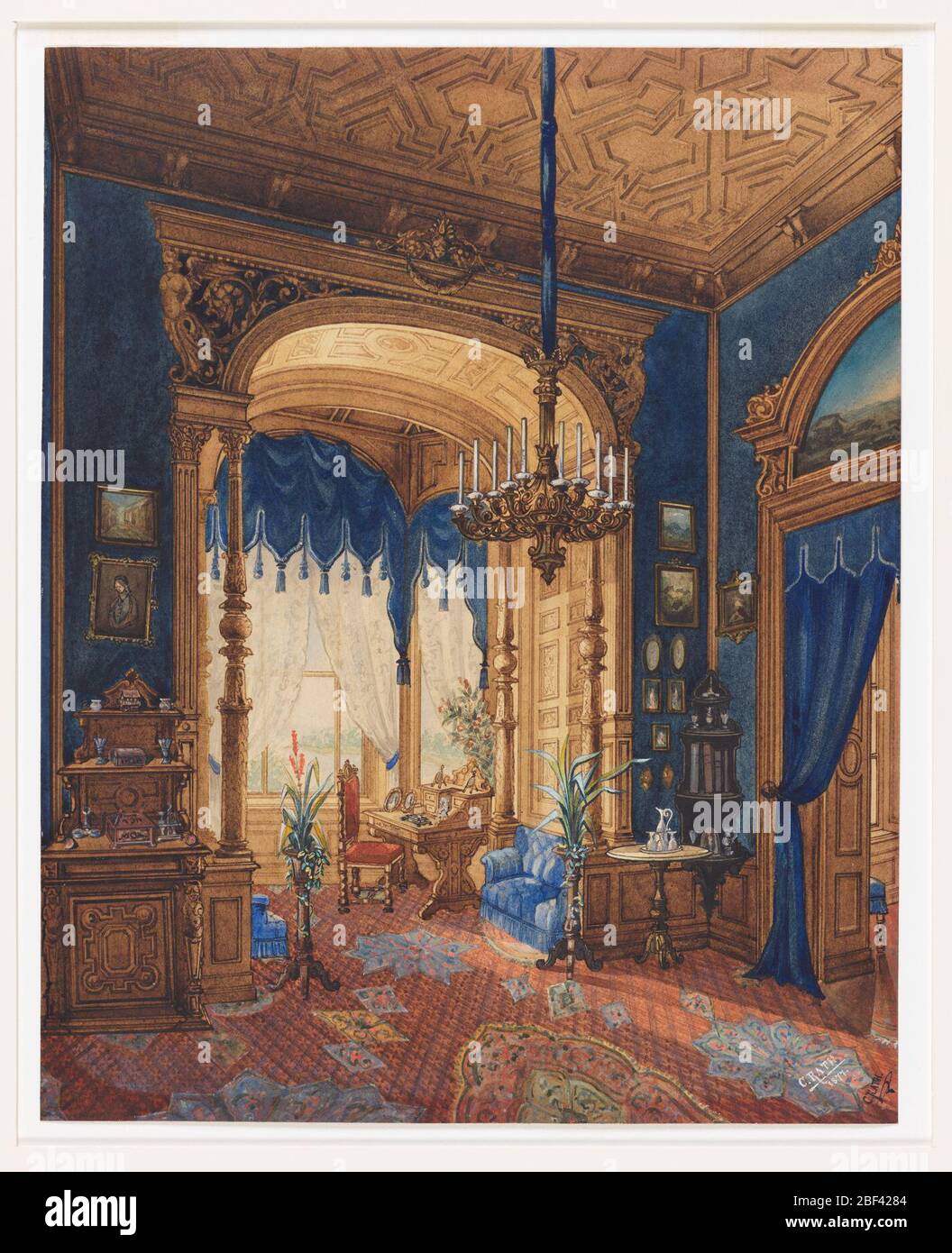 Alcove in the Salon of the Grand Duchess Anna of MecklenburgSchwerin. This interior is dominated by royal blue walls, tasselled window treatment and heavily carved ceiling and wall panels. An orange carpet is decorated with Islamic motifs. Stock Photo