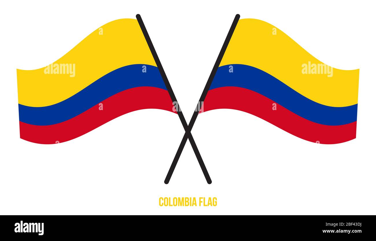 Two Crossed Waving Colombia Flag On Isolated White Background. Colombia Flag Vector Illustration. Stock Photo
