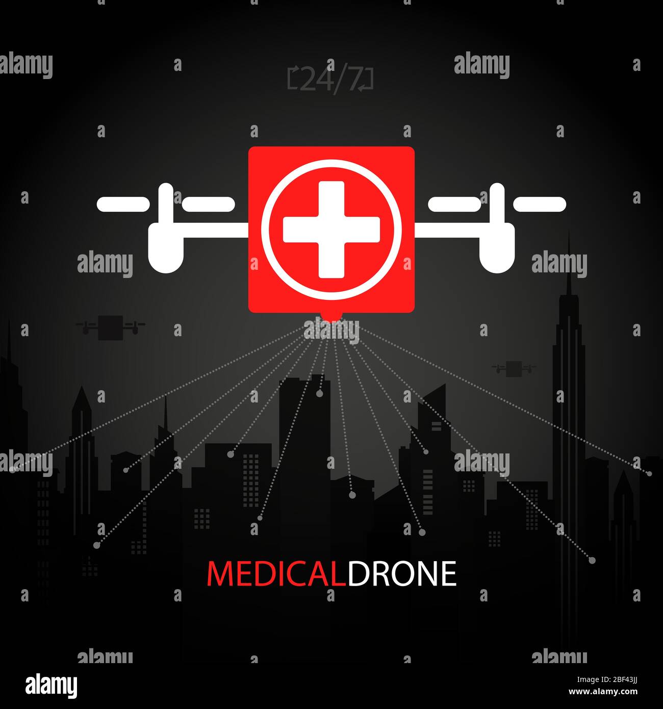 An unmanned aerial vehicle, Quadcopter Drone, carrying a first aid package in the air against the background of the silhouette of the city Stock Vector