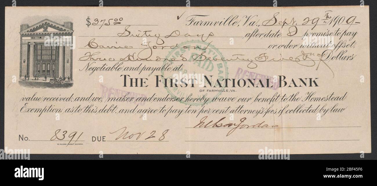 Bill of exchange between Carrie Jordan and Nelson Jordan. A bill 