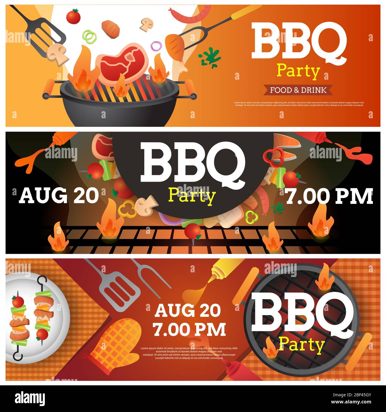 set banner of BBQ party invitation ,card or poster template with grill and  food flyer vector flat style illustration Stock Vector Image & Art - Alamy