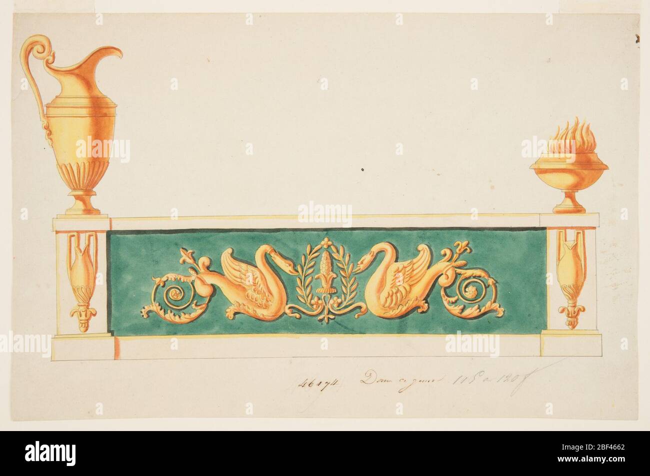 Design for an Andiron. Horizontal design, two pilasters, center panel. Large pitcher at left, low bowl with flame at right. Front of pilasters decorated with two-handled pitchers. Stock Photo