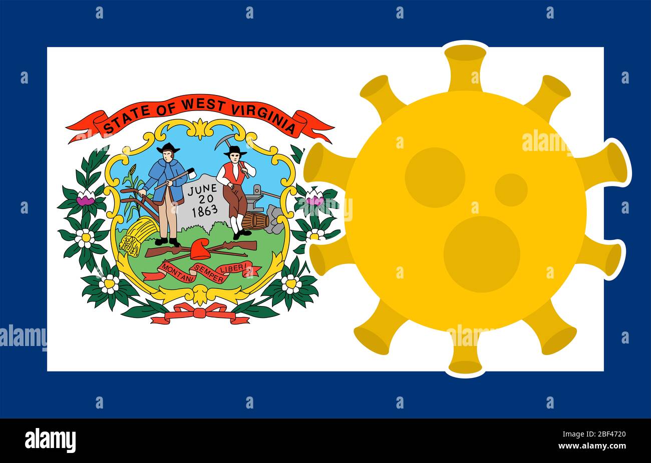 Flag of West Virginia State With Outbreak Viruses Background of USA State flag. Novel Coronavirus Disease COVID-19. Coronavirus Infection And The Epid Stock Photo