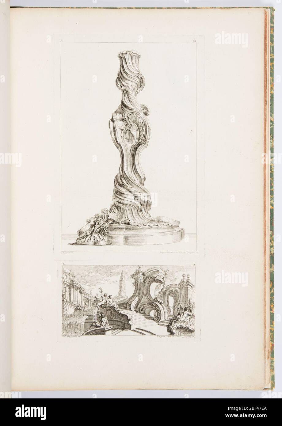 Design for a Candlestick plate 75 from Cinquime Livre dOrnemens from Oeuvres de JusteAurle Meissonnier Works by JusteAurle Meissonnier. Candlestick on platform; twisting from bottom to top, curves decorate entire body. Some leaves draped at bottom off platform. Stock Photo